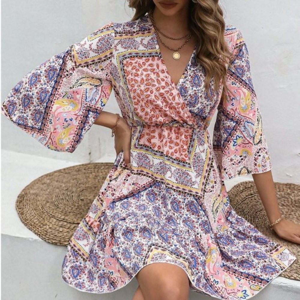 Scarf Print Flounce Sleeve Dress